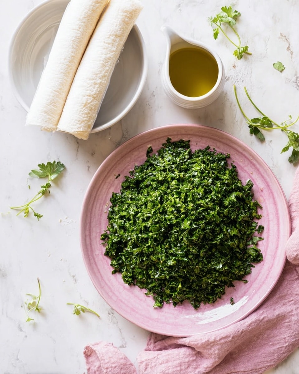 A white plate filled with many small, round green balls coated in a mixture that looks like finely chopped herbs with bits of white cheese, sitting in a shallow pool of golden olive oil at the bottom of the plate. The plate rests on a soft pink cloth over a white marbled surface. Fresh green herbs are placed casually beside the plate, adding a fresh and natural touch. The green balls appear moist and textured, with small pieces of herbs clearly visible on their surface. photo taken with an iphone --ar 4:5 --v 7