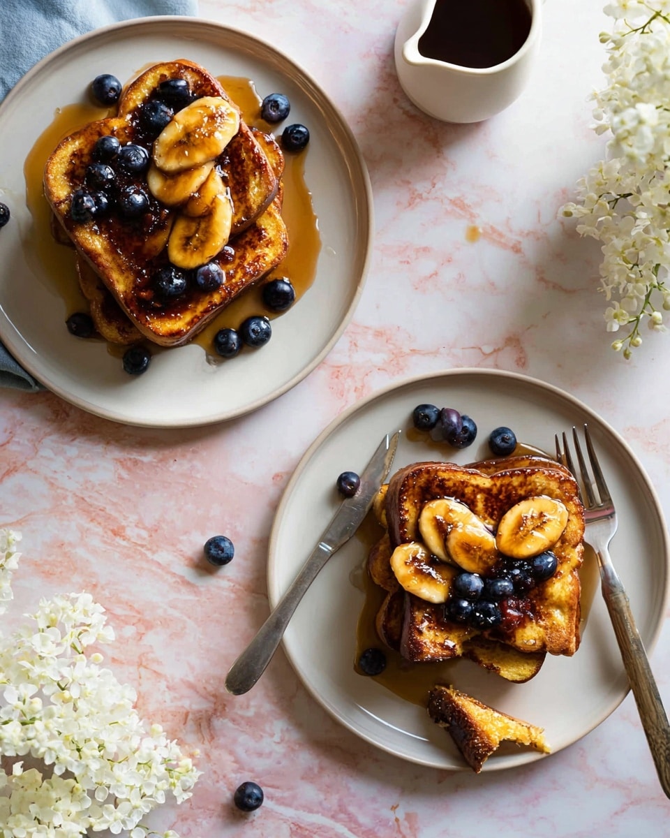 The image shows two white plates, each with three layers of golden-brown French toast stacked. The top layer on each plate is covered with caramelized banana slices that have a shiny, glazed texture, and fresh blueberries scattered on and around the toast. On the bottom right plate, a piece of the toast has been cut and rests on a fork and knife. The setting includes a cup with dark liquid and a small white pitcher with a spout, placed on a white marbled surface with white flowers partly visible at the top and right side. photo taken with an iphone --ar 4:5 --v 7