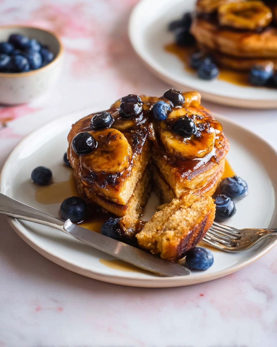 The image shows a stack of two golden brown pancakes on a white plate with a soft, fluffy texture visible from the cut piece on a fork. On top, there is a glossy layer of caramelized banana slices covered with a rich, sticky caramel sauce that glistens warmly. Scattered blueberries add small bursts of deep blue color on the banana topping and around the plate. A knife rests beside the pancakes on the plate. In the background, part of another plate with similar pancakes and blueberries is slightly visible, all set on a white marbled surface. photo taken with an iphone --ar 4:5 --v 7
