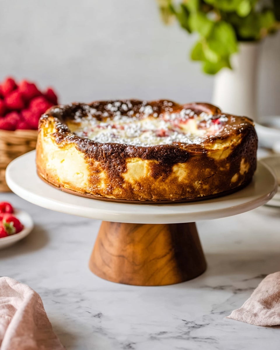 A round cheesecake with a slightly burnt top and edges, showing a creamy and smooth pale yellow layer with hints of pink from berries inside, topped with scattered white powdered sugar. The cheesecake sits on a white plate elevated by a wooden cake stand with a simple cone-shaped base. The background is a white marbled surface, with some light green leaves blurred behind and a basket of bright red raspberries to the side. The overall look has a rustic, homey feel with soft natural light. photo taken with an iphone --ar 4:5 --v 7