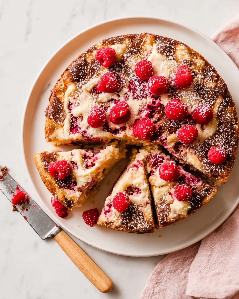 A round baked cake with a golden brown top, scattered with bright red raspberries and dusted with white powdered sugar, sits on a white plate placed on a white marbled surface. The cake is sliced into several pieces, revealing a creamy interior with bits of raspberries inside, showing a soft and slightly crumbly texture. A knife with a light wooden handle rests at the edge of the plate near a pale pink cloth, and the overall setting is bright and clean, highlighting the rich colors and textures of the cake. photo taken with an iphone --ar 4:5 --v 7