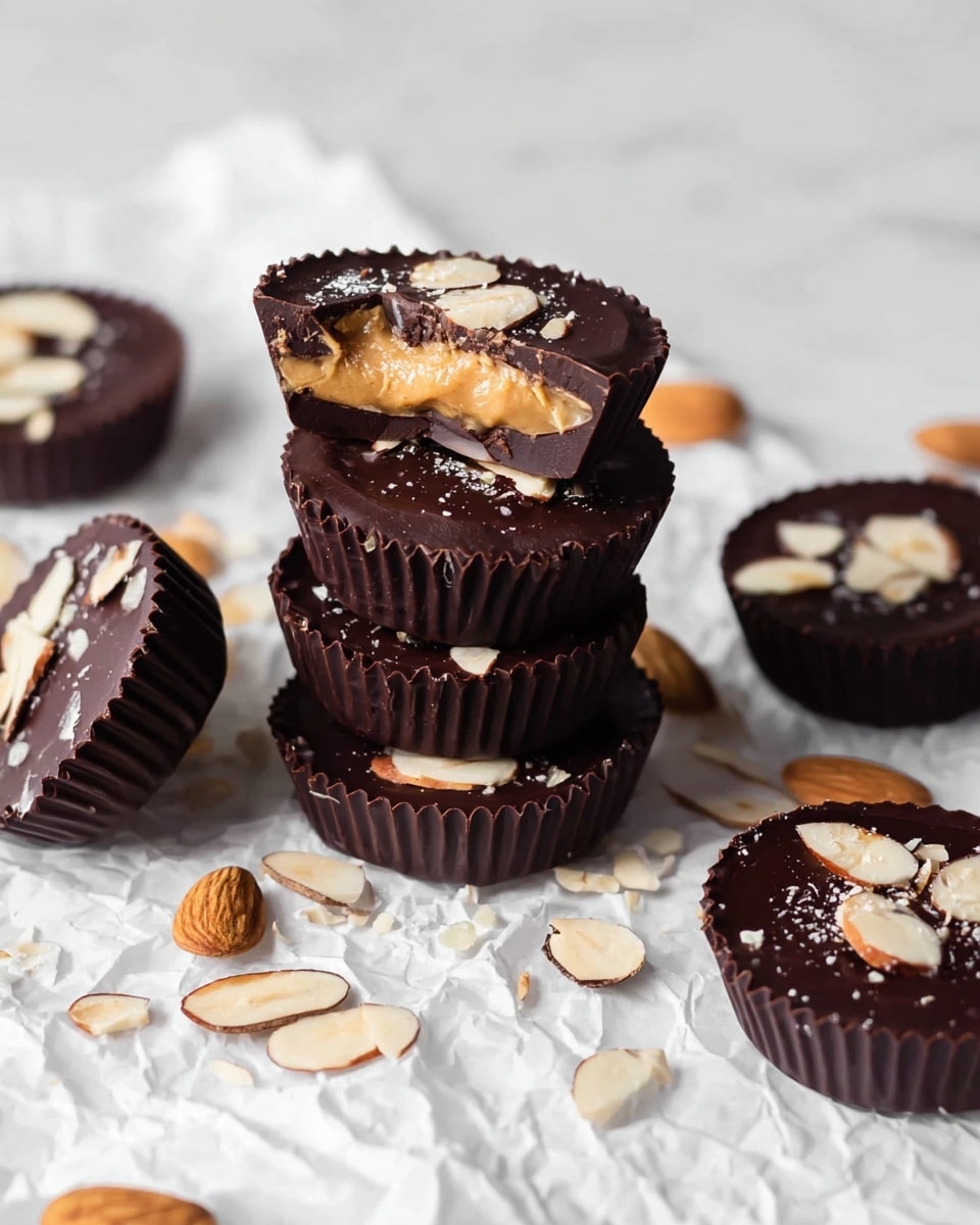 The image shows a stack of round dark chocolate cups filled with creamy peanut butter in the middle layer, topped with sliced almonds scattered on the glossy dark chocolate surface; one chocolate cup is bitten, exposing the smooth, light brown peanut butter inside. Several other chocolate cups are spread around on a crumpled white paper with almond slices scattered all over, sitting on a white marbled textured surface. The chocolate cups have a ridged edge texture and a rich dark color, and the almonds add a contrasting pale cream color with a slight sheen. photo taken with an iphone --ar 4:5 --v 7
