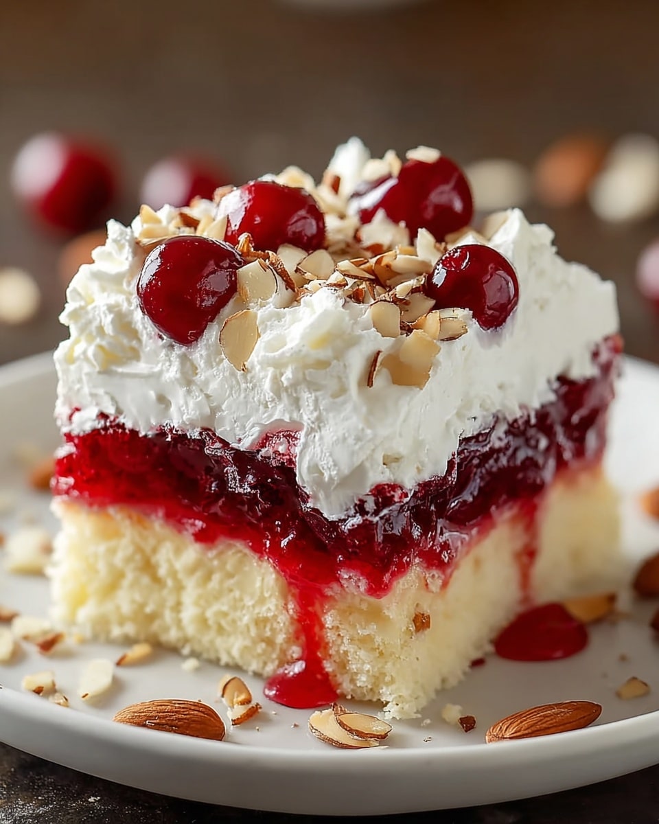 A square slice of layered dessert sitting on a white plate, showing three main layers from bottom to top: a light, soft, and spongy cake base in pale yellow, a thick middle layer of bright red cherry jelly with visible whole cherries and a glossy finish, and a top layer of fluffy white whipped cream. The whipped cream is decorated with whole shiny red cherries and scattered chopped almonds, which add texture and color contrast. Some cherry juice has dripped down the side of the cake, adding a natural, slightly messy look. Around the plate, there are a few scattered almonds and cherries. Photo taken with an iphone --ar 4:5 --v 7