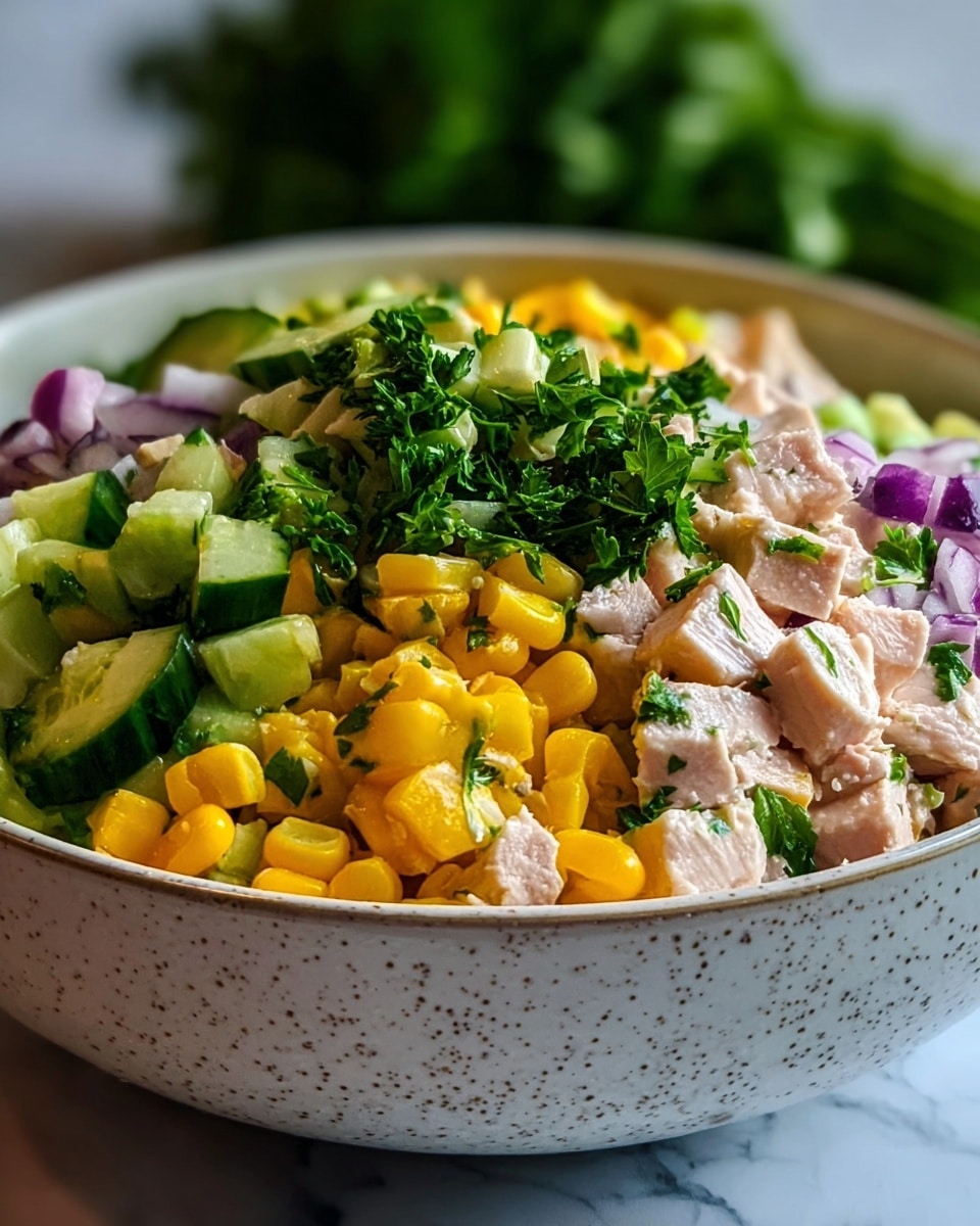 A close-up of a white speckled bowl filled with a fresh salad showing distinct layers: the bottom layer has light pink chunks of chicken, the middle layer has bright yellow corn kernels and small pieces of purple onion, and the top layer has vibrant green cucumber slices and chopped parsley all mixed together. The textures range from soft chicken to crisp vegetables, and the salad looks colorful and fresh. The bowl is placed on a white marbled surface with a blurred background. Photo taken with an iphone --ar 4:5 --v 7