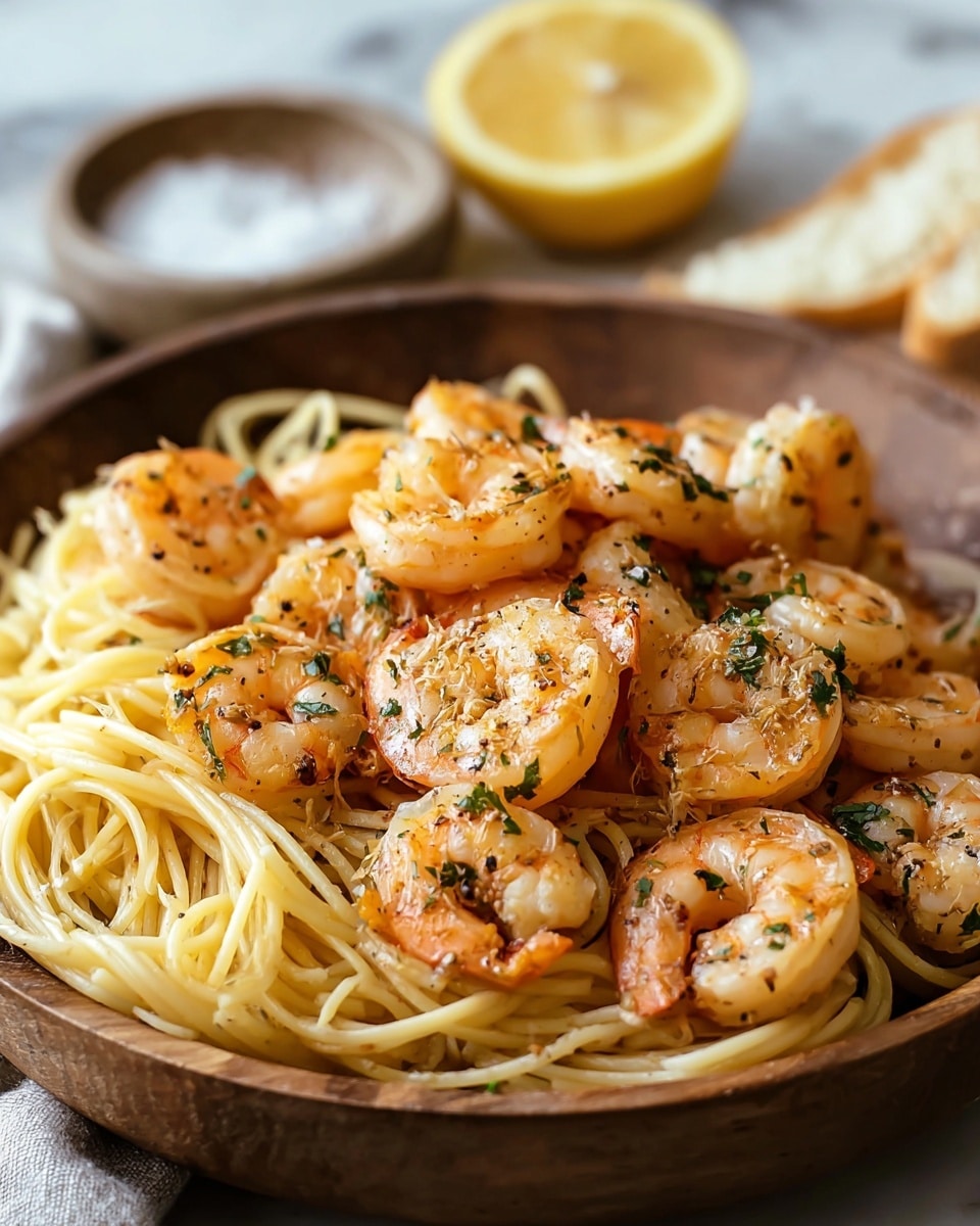 A rustic wooden bowl filled with a base layer of light yellow spaghetti noodles, loosely piled in soft, curved strands. On top, there is a generous layer of plump, juicy shrimp in a light orange-pink color with a slight char, speckled with green herbs and black pepper seasoning. The shrimp are arranged closely together, creating a textured and inviting surface. In the background, there is a soft blur of a lemon half on a white marbled surface and a small dish with white salt. Photo taken with an iphone --ar 4:5 --v 7