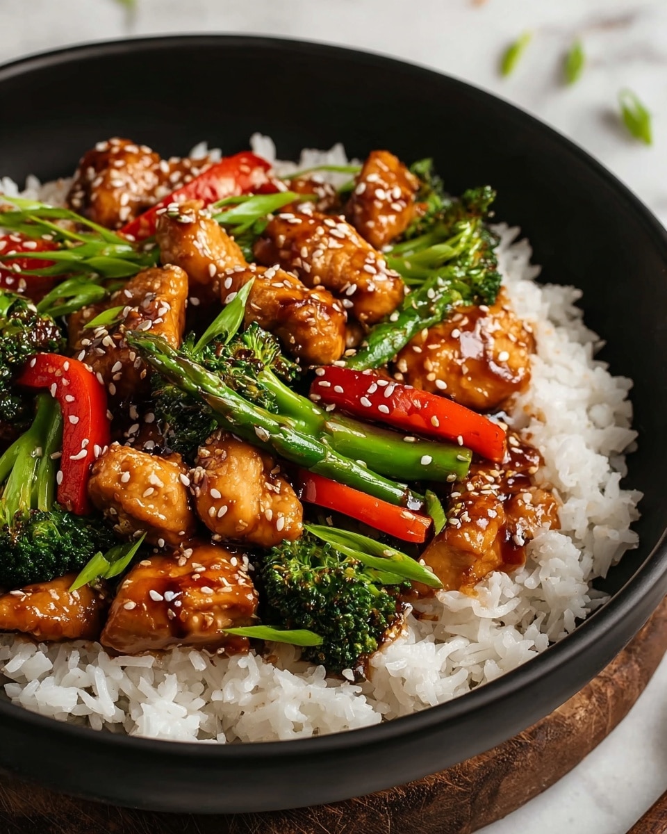 A black bowl filled with a base layer of white steamed rice, topped with a second layer of glossy, brown chicken pieces coated in sauce. Mixed within the chicken are vibrant green broccoli florets, green stalks resembling asparagus or green beans, and bright red bell pepper strips. The dish is sprinkled with small white sesame seeds and finely chopped green onions, adding texture and color contrast. The bowl sits on a white marbled texture surface in a close-up view. photo taken with an iphone --ar 4:5 --v 7