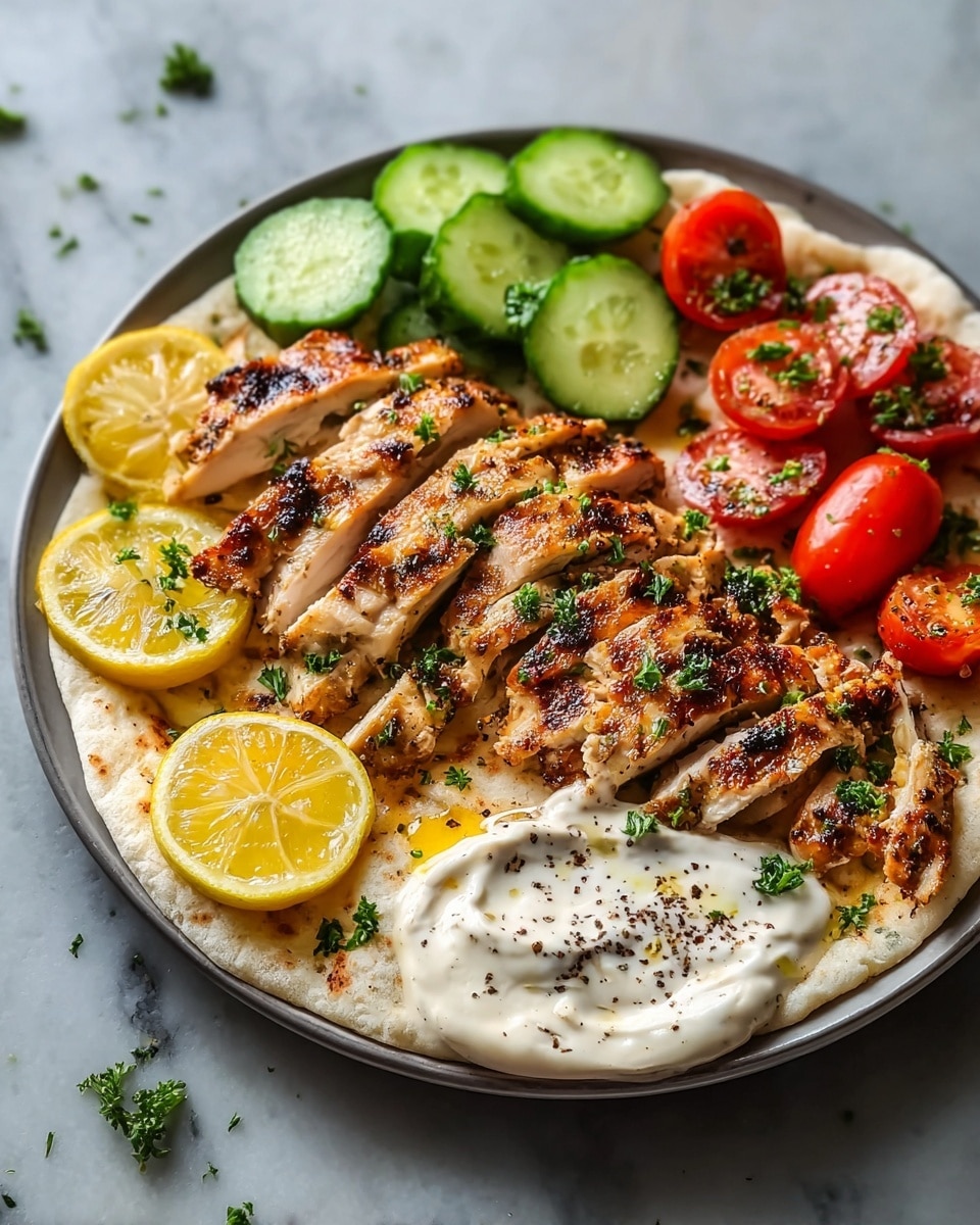 The dish shows a white flatbread base topped with several slices of grilled chicken that are golden brown with char marks and sprinkled with small bits of green herbs. Around the chicken, there are bright yellow lemon wedges, fresh green cucumber slices, and halved red cherry tomatoes with some herbs on top. On one side of the plate, a lemon wedge holds a creamy white sauce with black pepper sprinkled on it. The plate is placed on a white marbled surface. Photo taken with an iphone --ar 4:5 --v 7
