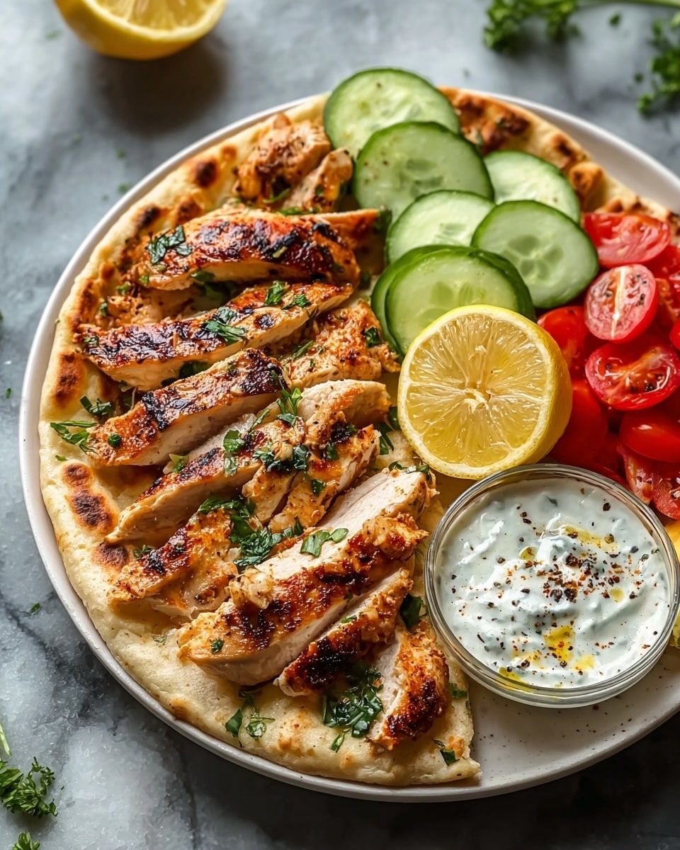 A white plate holds a flat, light brown grilled flatbread as the base layer, topped with several slices of grilled chicken breast that are golden brown with dark grill marks and scattered bits of green herbs. On the right side, there are fresh, pale green cucumber slices and bright red cherry tomato halves. Two lemon wedges, pale yellow with white inner flesh, rest near the chicken. In the bottom right corner, a lemon half contains a dollop of creamy white sauce with black pepper sprinkled on top, garnished with green herbs. The dish sits on a white marbled surface. photo taken with an iphone --ar 4:5 --v 7