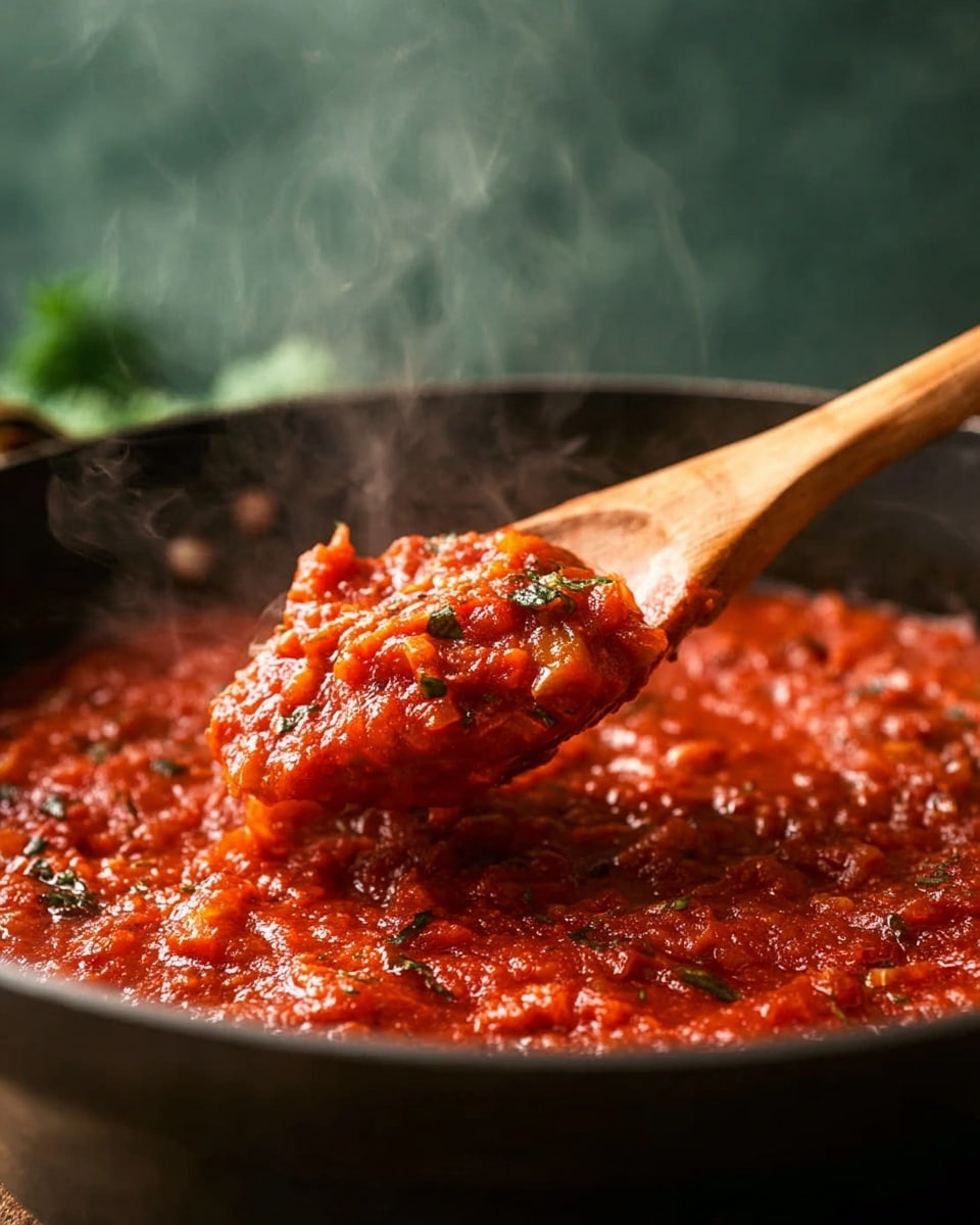 A close-up view of a large black pan filled with thick, chunky red tomato sauce that looks fresh and rich, with bits of herbs and small pieces of vegetables mixed in. A wooden spoon is lifting a scoop of the sauce from the pan, showing its texture clearly. Steam rises gently from the hot sauce, giving a warm, freshly cooked feeling. The background has a soft green blur and the scene is set on a white marbled texture. photo taken with an iphone --ar 4:5 --v 7