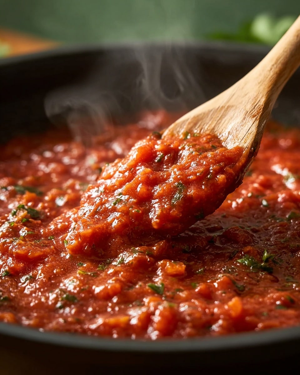 The image shows a close-up of a thick red tomato sauce cooking in a black pan, with visible small chunks of tomatoes and green herbs mixed evenly throughout the sauce. A wooden spoon is lifting a portion of the sauce, showing its rich, slightly chunky texture with bits of herbs. Steam rises gently from the sauce, indicating it's hot and fresh. The background has a soft green and beige blur, emphasizing the vibrant red of the sauce. photo taken with an iphone --ar 4:5 --v 7