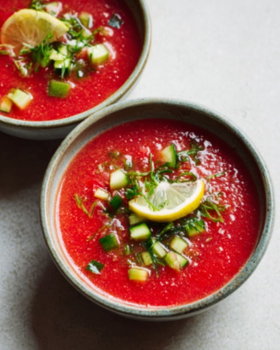 Two white bowls filled with bright red gazpacho soup sit on a white marbled surface. Each bowl has a smooth, liquid red base that looks cold and fresh. On top, small green pieces of chopped cucumber and other vegetables add texture and color. A wedge of lemon and some green herbs sit in the center, giving a fresh look. The bowls are slightly shiny and round, showing the vibrant colors of the soup inside. photo taken with an iphone --ar 4:5 --v 7