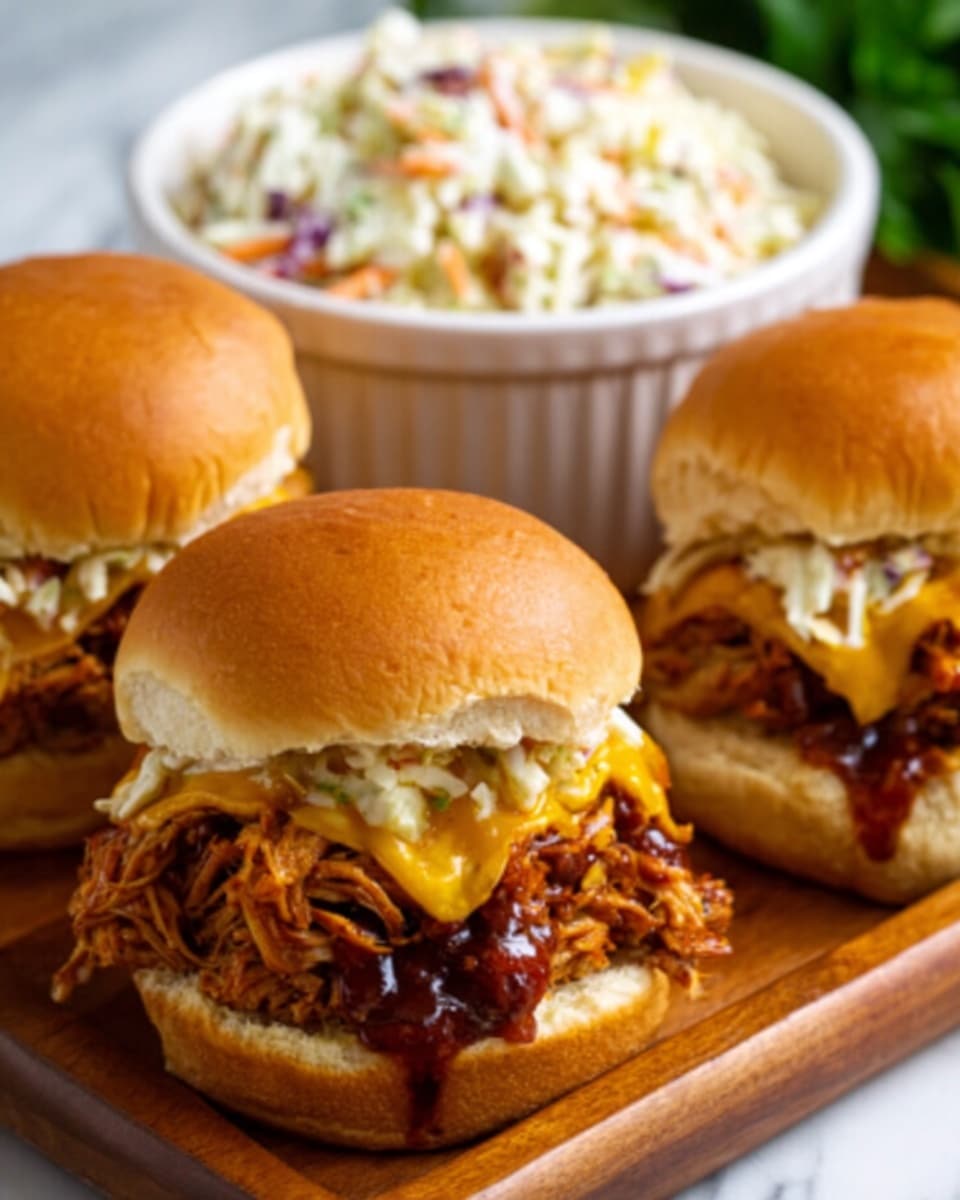 The image shows three pulled pork sandwiches on soft, golden brown buns placed on a wooden board. Each sandwich has a bottom layer of pulled, shredded pork coated in a dark brown barbecue sauce. On top of the pork is a layer of melted yellow cheese, and the sandwich is topped with creamy, pale coleslaw made of shredded cabbage and carrots. Behind the sandwiches, there is a white bowl filled with more coleslaw, all set on a white marbled surface. Photo taken with an iphone --ar 4:5 --v 7