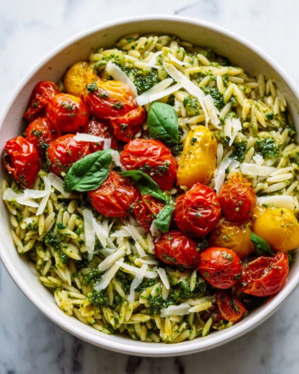 A white bowl filled with orzo pasta coated in green pesto sauce, mixed with bright red and yellow roasted cherry tomatoes scattered on top. Fresh green basil leaves are placed among the pasta and tomatoes. Thin shavings of white cheese are sprinkled unevenly throughout the dish, adding texture and contrast. The white marbled surface underneath adds a clean and bright background. photo taken with an iphone --ar 4:5 --v 7