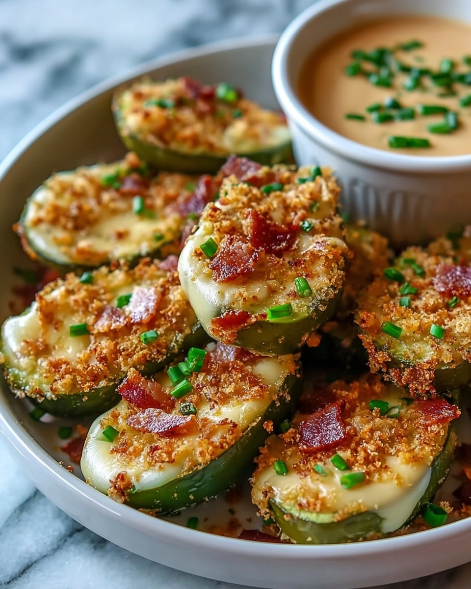 The image shows a round white bowl filled with multiple thick slices of stuffed pickles, each piece showing three visible layers: the outer green pickle skin, a middle creamy layer that looks like melted cheese, and a golden brown crispy breadcrumb topping with small bits of red bacon scattered on it. Small chopped green chives are sprinkled evenly on top of the slices. In the background, slightly out of focus, there is a white bowl filled with a light brown creamy dipping sauce with some green chive pieces on it. The bowl and the dish sit on a white marbled surface. photo taken with an iphone --ar 4:5 --v 7