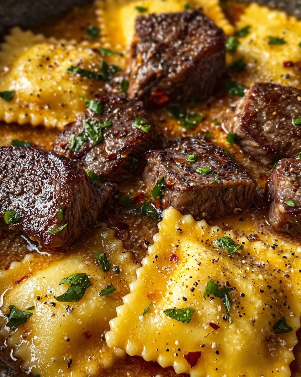The image shows a close-up of a cooked dish with two main layers: on the bottom, there is a golden-brown sauce that looks rich and slightly oily, covering the entire surface. On top of the sauce, there are several large, square ravioli pieces with a yellowish, slightly shiny texture, sprinkled with coarse black pepper, salt flakes, and small green herb pieces. Around and partially on top of the ravioli, there are thick, juicy beef steak cubes cooked to a medium level with a dark brown sear and specks of black pepper and green parsley on them. The whole dish looks warm and richly seasoned, with a nice contrast between the soft ravioli and the textured beef cubes. Photo taken with an iphone --ar 4:5 --v 7