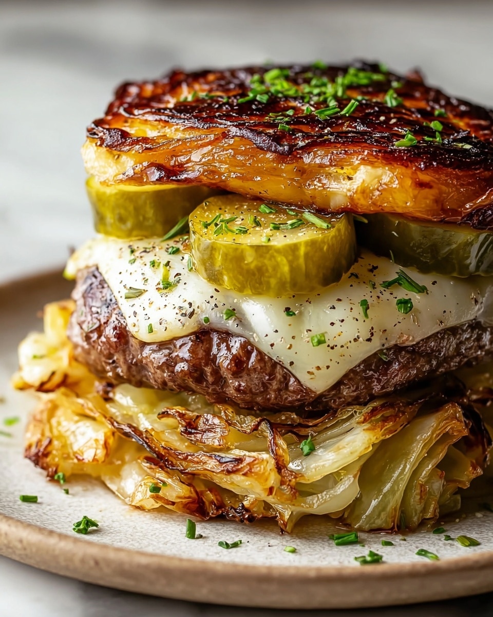 A close-up view of a burger with three main layers on a white plate, placed on a white marbled surface. The bottom layer is crispy, golden-brown grilled cabbage with slightly charred edges. On top of the cabbage are thick, green pickle slices. The middle layer is a juicy, browned beef patty covered with melted white cheese dotted with black pepper. Above the patty, more pickle slices are visible. The top layer is a glossy, caramelized, golden-brown piece of grilled cabbage sprinkled with chopped green herbs. Photo taken with an iphone --ar 4:5 --v 7