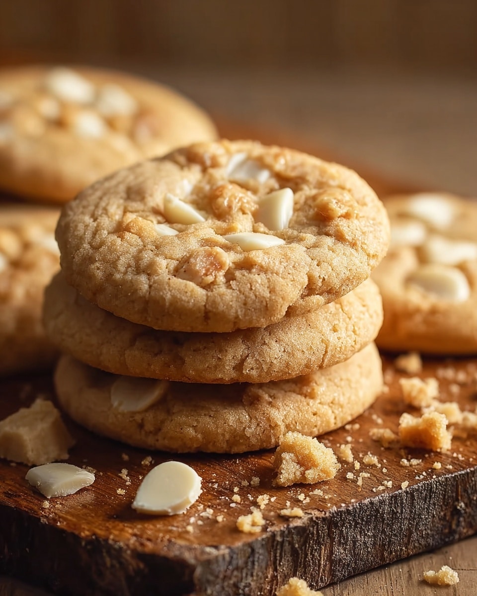 The image shows a stack of soft, round cookies with a light golden brown color, each cookie having small chunks of white chocolate embedded on the top, giving a slightly glossy texture. The cookies have a slightly cracked surface with a crumbly appearance, and a few crumbs are scattered around them on a rough, dark wooden board. The background is softly blurred, focusing all attention on the front cookie. The whole scene is lit warmly, highlighting the textures and colors of the cookies and board, with a white marbled texture beneath the wooden board. Photo taken with an iphone --ar 4:5 --v 7