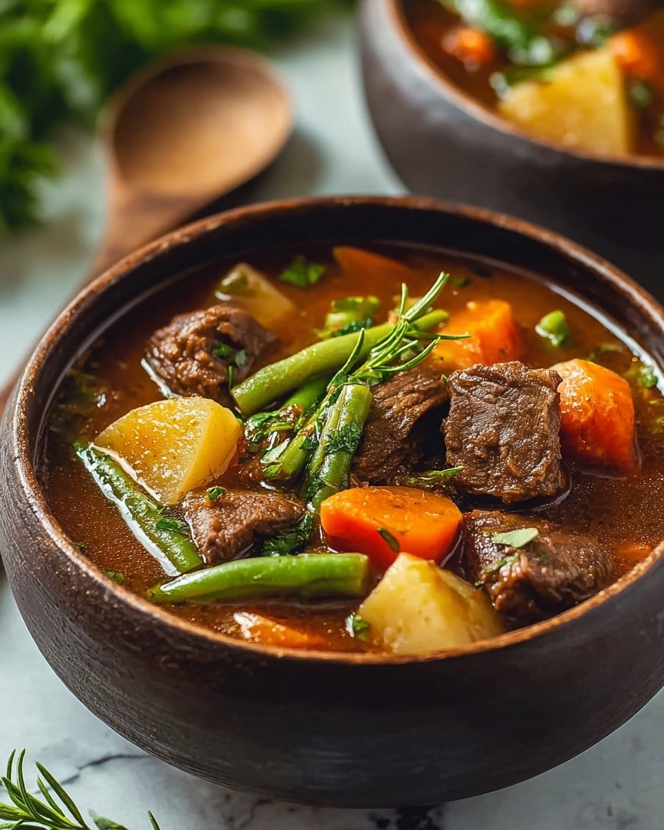 A close-up view of a bowl of beef stew with a brown ceramic bowl filled with a rich brown broth. Inside the bowl, there are visible chunks of tender, dark brown beef, bright orange carrot pieces, pale yellow potato chunks, and vibrant green beans. Fresh green herb sprigs rest on top, adding a touch of freshness. The bowl is placed on a white marbled texture surface with out-of-focus greenery in the background and a wooden spoon nearby. photo taken with an iphone --ar 4:5 --v 7