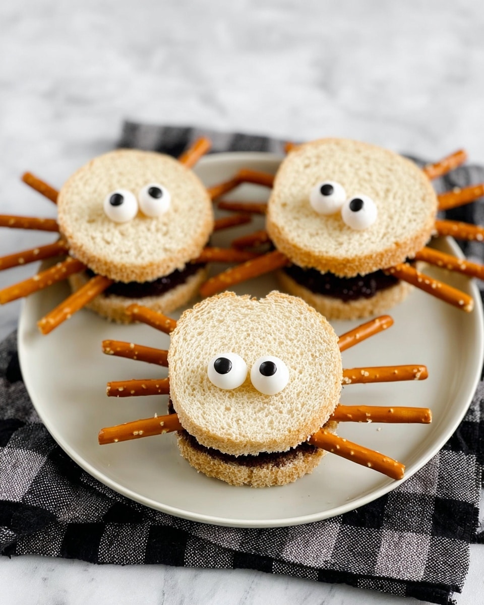 Three round sandwich pieces are placed on a white plate, each made with light brown bread and filled with a dark layer visible on the sides. Each sandwich has eight pretzel stick legs poking out from between the bread layers, arranged evenly like spider legs. The top bread layer shows two small white candy eyes on each sandwich, giving a spider-like look. The plate sits on a black and white checkered cloth on a white marbled texture. Photo taken with an iphone --ar 4:5 --v 7