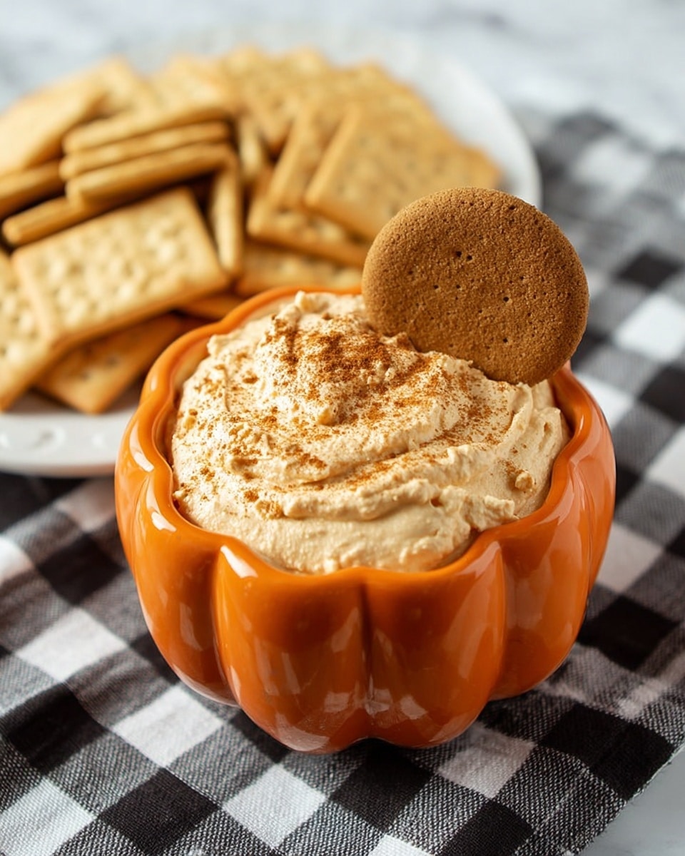 A small orange bowl shaped like a pumpkin is filled to the top with a fluffy, light beige creamy dip that has a smooth texture sprinkled lightly with cinnamon powder on the surface. A round brown cookie is placed standing upright, partially dipped into the creamy layer on one side. In the background, there is a white plate holding many rectangular light tan crackers, which rest on a black and white checkered cloth, all set on a white marbled surface. photo taken with an iphone --ar 4:5 --v 7