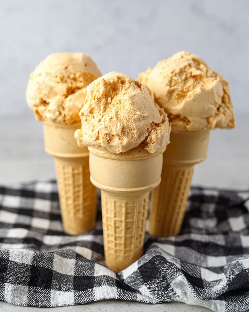 Three ice cream cones stand upright, each holding a generous scoop of light caramel-colored ice cream with a creamy, slightly rough texture. The ice cream scoops are placed on top of classic waffle cones that are pale beige with a grid pattern. The cones are arranged closely together on a black and white checkered cloth, all set against a white marbled surface in the background. The lighting highlights the softness and slight melting of the ice cream. photo taken with an iphone --ar 4:5 --v 7