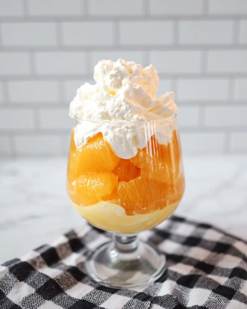 A clear glass holds a layered dessert standing on a black and white checkered cloth over a white marbled surface. The bottom layer is a light yellow, smooth and slightly translucent jelly-like substance. On top of this, there is a thick layer of bright orange fruit segments, neatly stacked and showing their juicy texture. The top layer is a fluffy white whipped cream, piled high with soft peaks that slightly drip down the sides. The background features white tiled walls, adding a clean look to the image. photo taken with an iphone --ar 4:5 --v 7