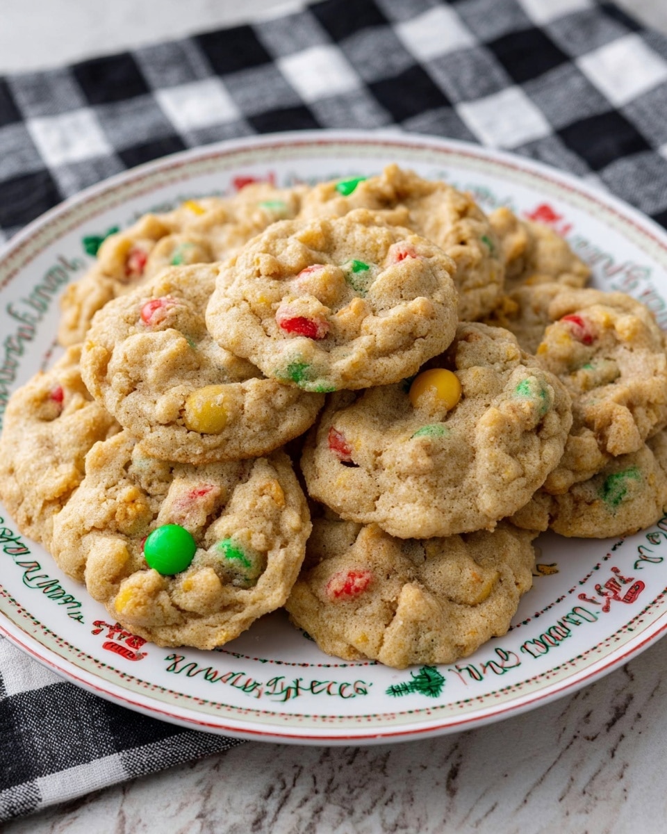 A white plate filled with a pile of soft cookies. Each cookie has a light brown color and looks chewy with a slightly uneven, rough texture. Scattered throughout the cookies are small colorful pieces of red, green, and yellow candy, adding bright spots on the surface. The cookies are stacked naturally, showing some overlapping in the center of the plate. The plate has festive text and small graphics in green, red, black, and blue around its edge. The plate is placed on a white marbled surface with a black and white checkered cloth partially visible behind it. Photo taken with an iphone --ar 4:5 --v 7