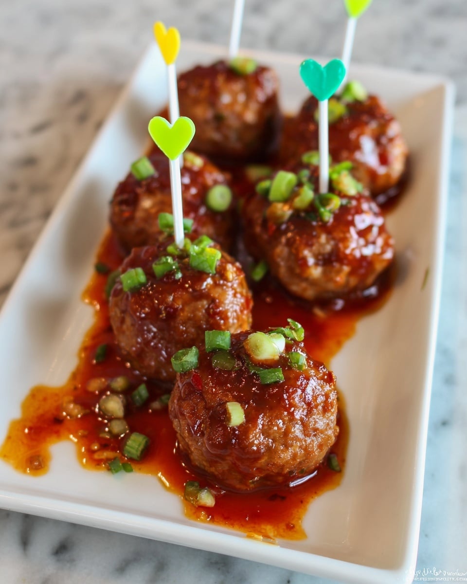 A rectangular white plate holds seven round meatballs coated in a shiny, reddish-brown sauce with visible small chili flakes. Each meatball has small pieces of bright green chopped scallions scattered on top and around it. The meatballs are pierced by colorful heart-topped toothpicks in green and white, arranged in a loose group near the center of the plate, with sauce pooling underneath them. The plate sits on a white marbled surface. photo taken with an iphone --ar 4:5 --v 7