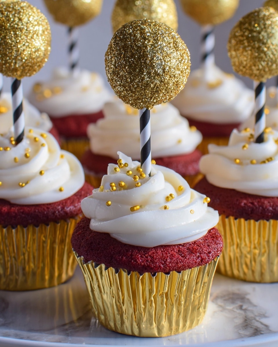 The image shows red velvet cupcakes in shiny gold wrappers forming the bottom layer, topped with smooth white cream swirled in a soft peak as the middle layer. Each cupcake is decorated with small gold-colored sprinkles scattered over the cream. The top layer is a round cake pop coated in gold glitter, held upright by a black and white striped stick inserted into the cream. The cupcakes are placed on a white marbled surface. photo taken with an iphone --ar 4:5 --v 7