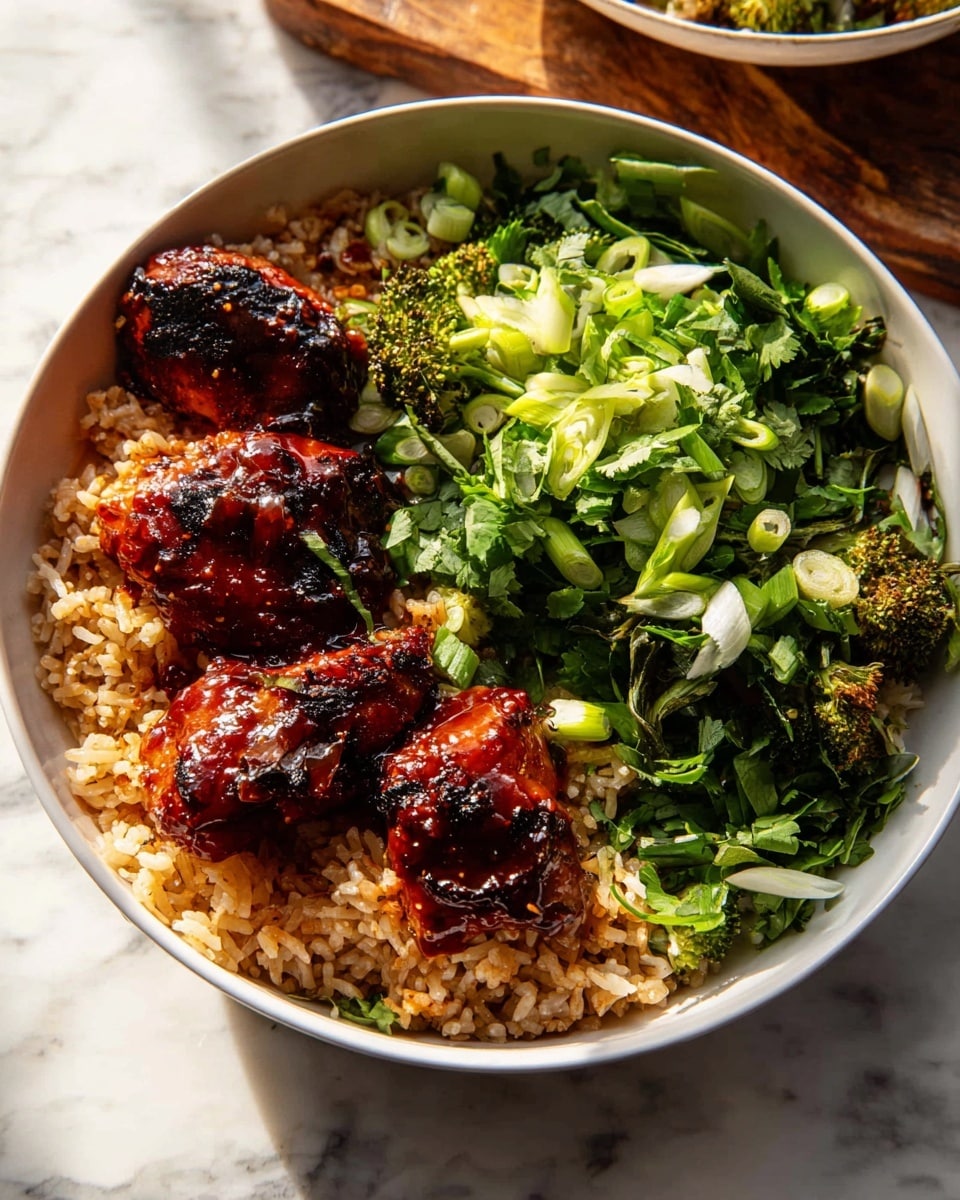 A white bowl holds a layered dish starting with a base of light brown fried rice with some visible crispy bits for texture. On top of the rice on the left side, there are three pieces of broccoli chicken glazed in a dark reddish-brown thick sauce, each piece showing charred broccoli florets. The right side of the bowl is filled with a fresh mix of green herbs, mainly cilantro and thinly sliced green onions, providing a contrast of vibrant green shades and delicate textures. The bowl is placed on a white marbled surface with warm natural light highlighting the glossy sauce and fresh greens. Photo taken with an iphone --ar 4:5 --v 7