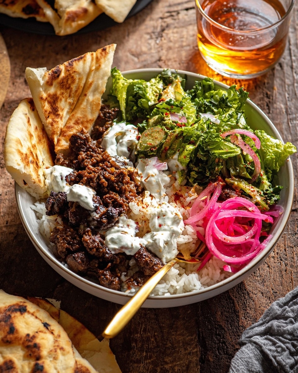 A white bowl containing four main layers: on one side, white fluffy rice forms the base; next to it is a generous portion of dark brown minced meat cooked with onions, topped with dollops of white creamy sauce; beside the meat, there is a fresh green salad made of chopped lettuce and bright pink pickled onions with some sauce drops; along the edge, two folded pieces of flatbread lean against the rice and greens. A gold spoon rests inside the bowl on the rice. In the background, there is a glass of amber liquid, and the setting features a rustic wooden surface. photo taken with an iphone --ar 4:5 --v 7
