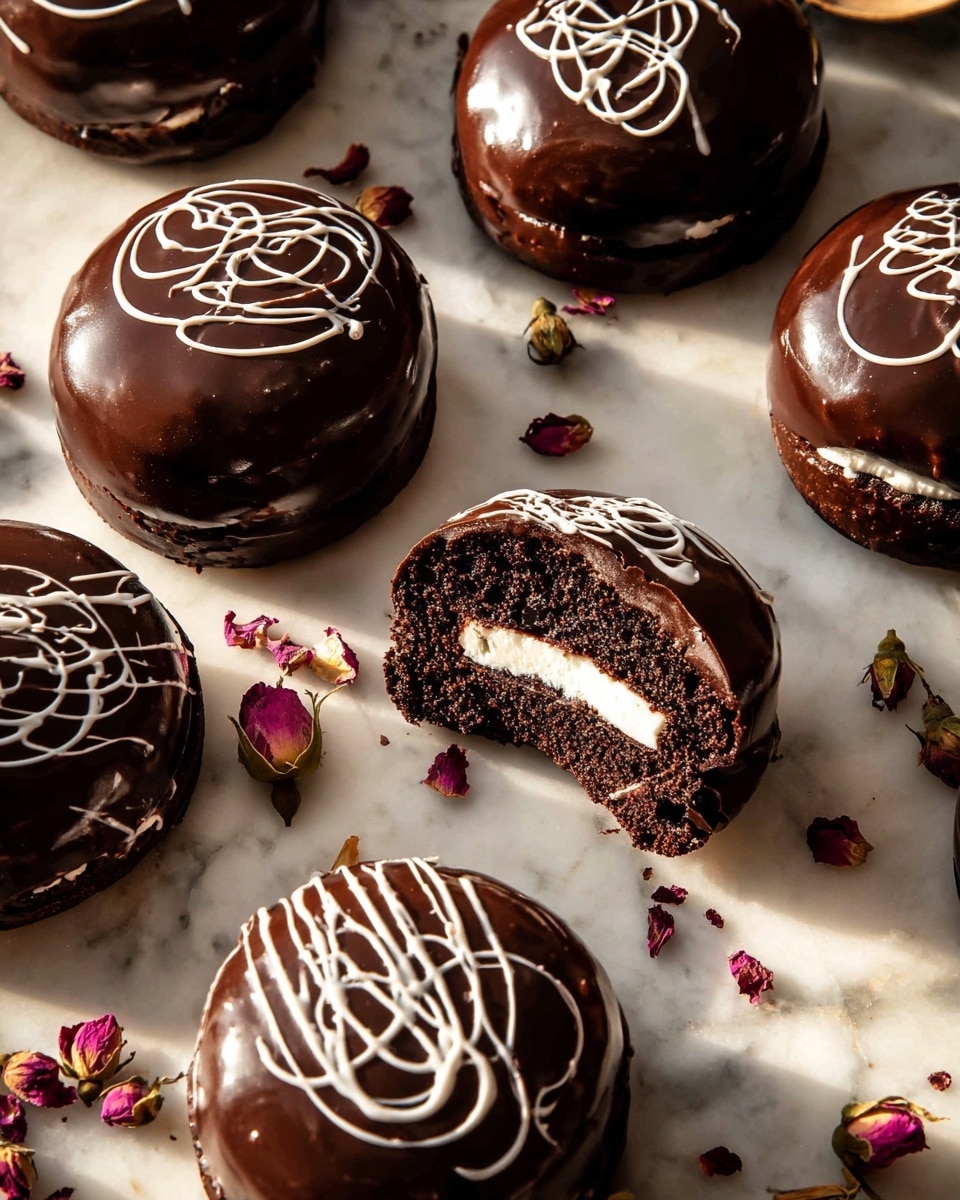 The image shows several round chocolate cakes covered with a shiny dark chocolate layer. Each cake has a white swirl pattern on top. One cake is broken open, revealing its soft, dark chocolate inside with a creamy white filling in the center. The cakes are placed on a white marbled surface scattered with small dried rosebuds and petals. The light shines warmly on the cakes, enhancing their glossy texture and rich color. Photo taken with an iphone --ar 4:5 --v 7