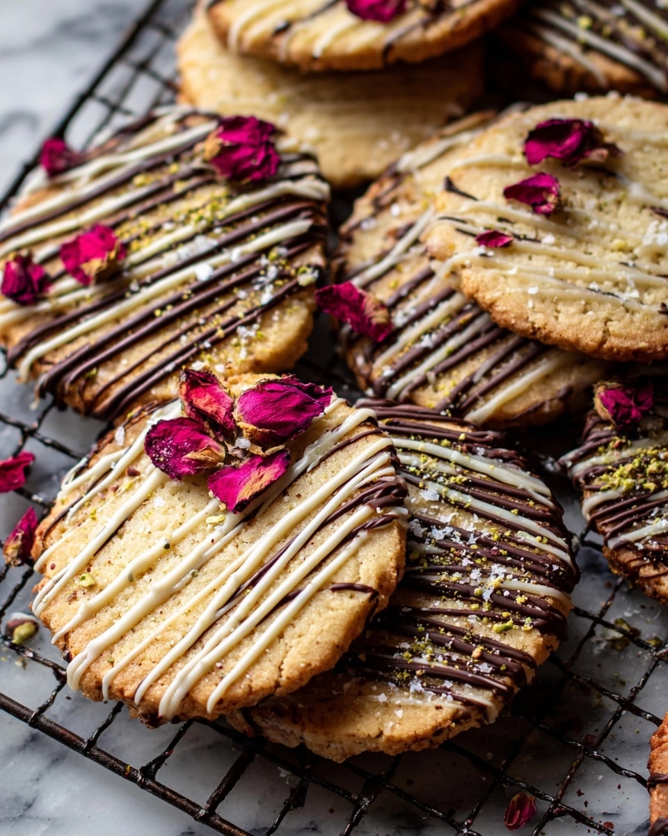 The image shows a group of round, thin cookies with a light golden-brown base and a slightly crispy texture. Each cookie is decorated with a diagonal drizzle of either dark or white chocolate, with some dark chocolate drizzles topped with coarse sea salt or crushed green pistachios. A few cookies have small, dried red rose petals placed on top, adding a pop of natural color. The cookies are arranged on a dark wire cooling rack resting on a white marbled surface, giving a cozy and fresh look. Photo taken with an iphone --ar 4:5 --v 7