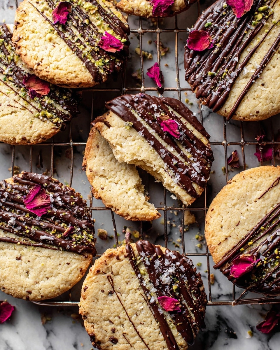 A group of round, light golden cookies with a slightly crispy texture are scattered on a cooling rack over a white marbled surface. Each cookie is decorated with half-covered dark chocolate drizzle, showing a mix of smooth shiny and textured chocolate lines. Some cookies have a topping of crushed green pistachios or coarse sea salt flakes on the chocolate side, while others hold dried deep red rose petals placed on the plain cookie side. The cookies’ edges are slightly darker and crispy, creating a nice contrast with the soft center. One cookie is broken to reveal its thin, crunchy inside. photo taken with an iphone --ar 4:5 --v 7