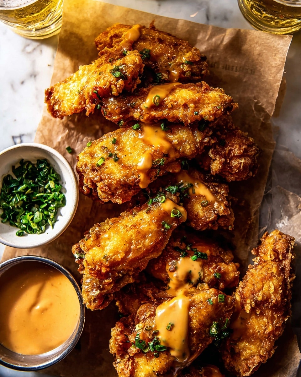 A stack of crispy golden fried chicken wings lies on a piece of brown parchment paper, each wing showing a textured, crunchy coating with a few glistening spots of light brown sauce drizzled over some pieces. On the left side, a small white bowl holds bright green chopped herbs, and next to it, a small dish filled with creamy orange dipping sauce, with one wing partially dipped in it. Two clear glasses with light golden beer fill the top corners, all set against a white marbled texture surface. Photo taken with an iphone --ar 4:5 --v 7