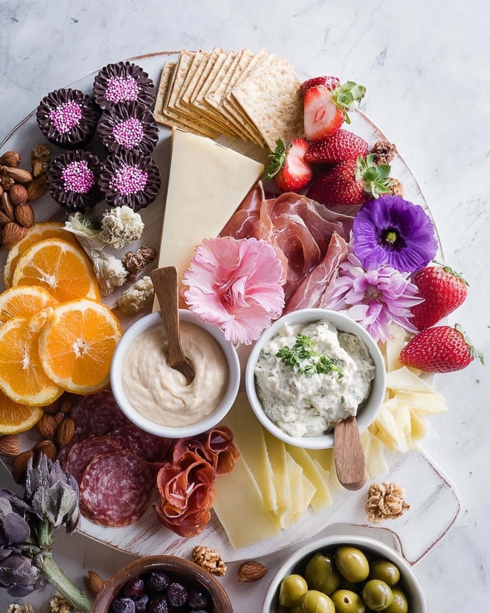 A white wooden round board filled with layers of various foods arranged neatly. At the top left, light brown square crackers are stacked, next to dark purple flower-shaped chocolates with pink sprinkles. Below them, a large slice of pale beige cheese sits close to bright orange halved mandarins. A bunch of delicate pink and purple flower petals lay beside thinly sliced pale pink prosciutto. There are two small bowls: one with creamy white dip topped with a green herb at the top right, and another at the bottom left with a lighter creamy spread and a wooden spoon. Scattered around are light brown nuts, dark red slices of salami, fresh red strawberries both whole and sliced, dark chunks of chocolate, thin pale yellow cheese slices, and a white bowl filled with green olives at the bottom right. Blueberries and dried artichoke flowers add texture to the board. The whole arrangement is on a white marbled surface. Photo taken with an iphone --ar 4:5 --v 7