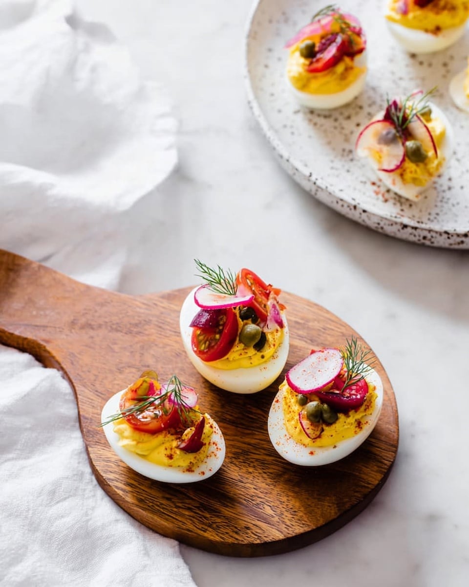 The image shows three deviled eggs placed on a small round wooden board with a handle, each cut in half with white egg whites as the base layer. On top, the yellow creamy egg yolk mixture forms the second layer. The third layer has colorful toppings including small red cherry tomato halves, thin slices of reddish beet, pale pink pickled onion strips, green capers, and small sprigs of fresh dill, creating a mix of smooth, creamy, and fresh textures. In the background, a white plate with speckled design holds more deviled eggs on a white marbled surface with a white cloth partly visible. Photo taken with an iphone --ar 4:5 --v 7