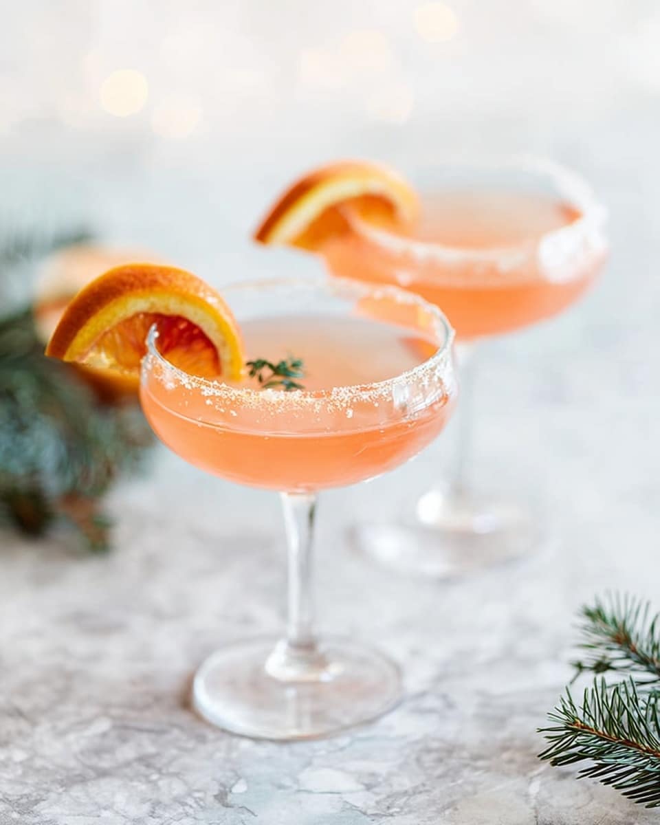 Two transparent cocktail glasses filled with a pink-orange drink sit side by side on a silver tray. Each glass is decorated with a slice of orange on the rim. The tray holds some pine branches dusted with snow or frost. A woman's hand is placing a small green sprig, likely rosemary, over the drink on the right. The background and surface have a white marbled texture, creating a clean, light setting. Photo taken with an iphone --ar 4:5 --v 7