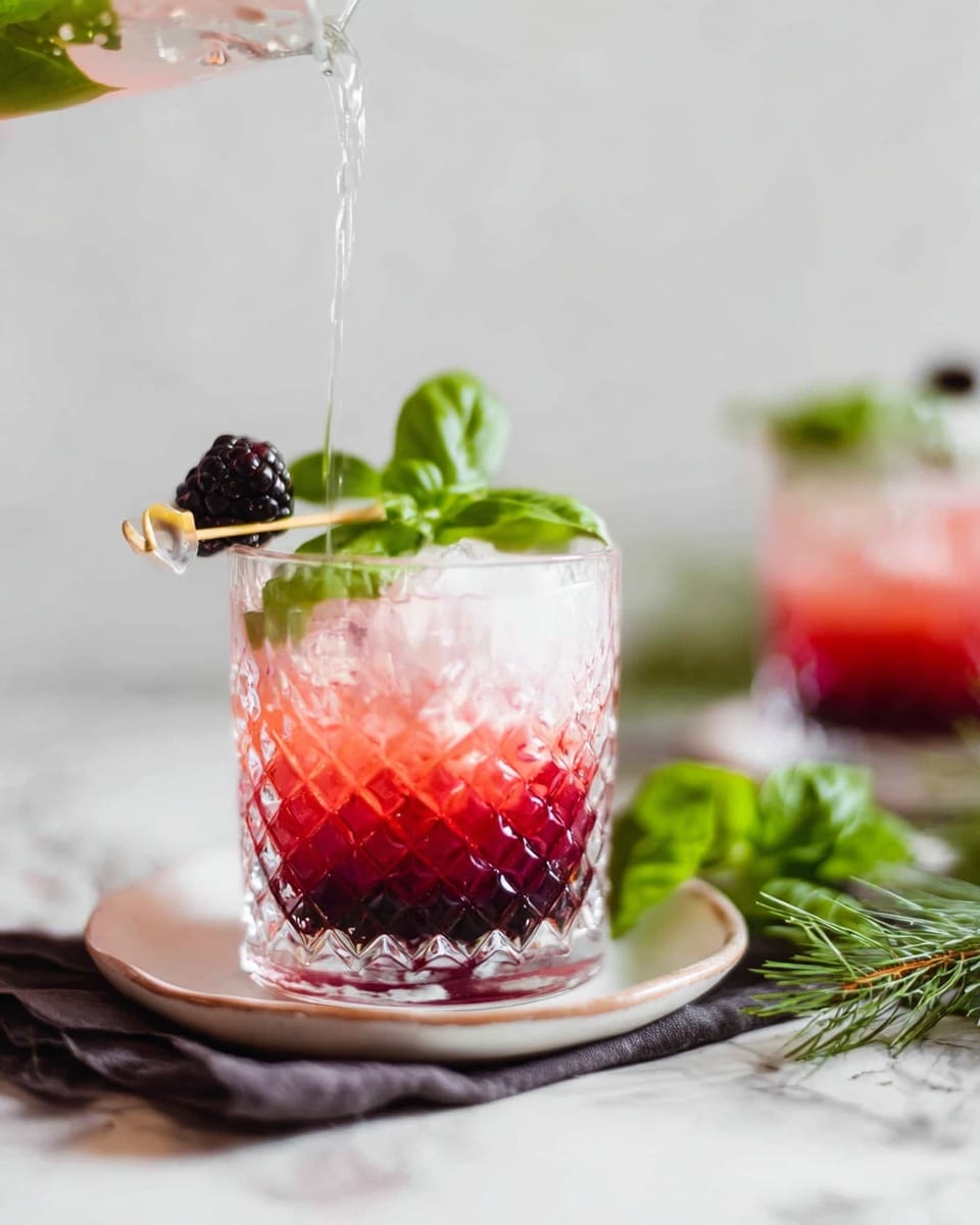 A clear glass with a diamond pattern holds a layered red to pink drink with ice, placed on a white plate resting on a dark cloth napkin with light edges, all on a white marbled surface. The drink has a deep red layer at the bottom and a lighter pink layer on top, garnished with a fresh green basil leaf and a dark blackberry on a small wooden skewer. In the background, a stream of clear liquid is being poured into another glass with similar contents and garnishes, blurred softly. Fresh green mint leaves lie to the right side, and a sprig of pine adds a touch of greenery to the left side of the scene. Photo taken with an iphone --ar 4:5 --v 7