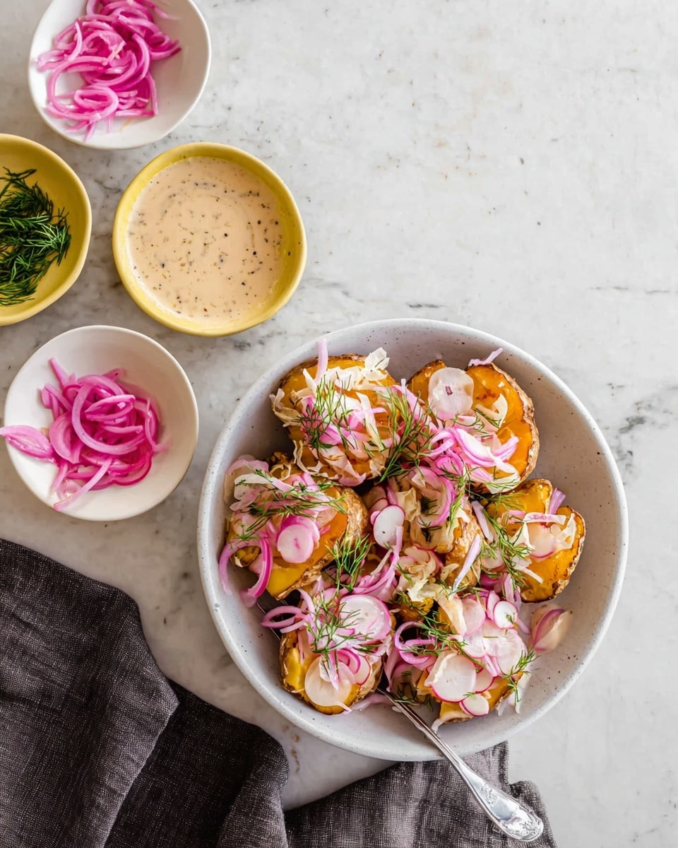 A white bowl holds several baked potato halves as the base layer, with brown and orange skin and soft orange inside. The potatoes are topped with thin, pink pickled onion strips and thin white radish slices that have purple edges. Fresh green dill sprigs are scattered on top for garnish. Inside the bowl, to the side, there is a small bowl filled with creamy beige sauce with specks and a silver spoon resting inside. Around the main bowl, there are small white and yellow dishes containing extra garnishes, including more pink pickled onions, fresh green dill, and thin radish slices, all set on a white marbled surface with a folded dark gray cloth nearby. photo taken with an iphone --ar 4:5 --v 7