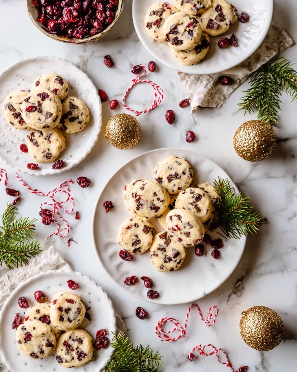 The image shows several round cookies with white dough mixed with dark brown chocolate pieces and red dried cranberries, arranged on multiple white plates set on a white marbled surface. Each plate holds about three to five cookies, and additional scattered cookies and dried cranberries surround the plates. Small green pine branches and Christmas-themed red and white string add festive decoration. Two small textured gold ornaments are also placed on the surface near the cookies. Photo taken with an iphone --ar 4:5 --v 7