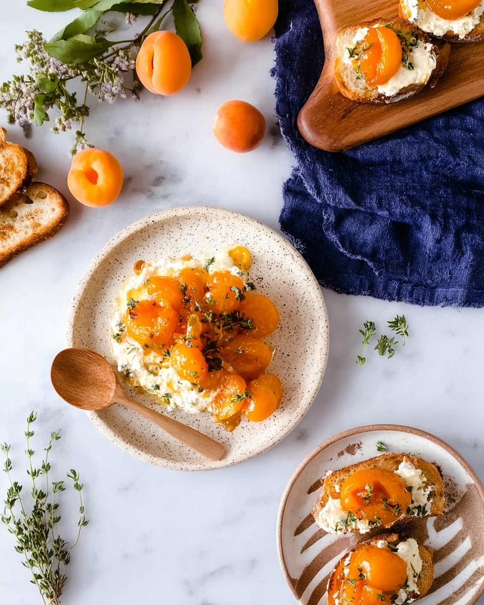 The image shows a dish of roasted apricots with cheese and herbs served on white plates and small pieces of toasted bread. The main plate is round and white with a light speckled pattern, filled with a creamy white cheese layer topped with bright orange roasted apricots and small green thyme leaves. A wooden spreader is resting on the plate, partially covered with the cheese and apricots. Nearby, a smaller white plate with brown stripes holds two pieces of toasted bread topped with the same layers of creamy cheese and roasted apricots. A piece of toasted bread with the same topping sits on a wooden cutting board at the top left, with a woman's hand reaching toward it. The surface is a white marbled texture, decorated with fresh apricots, green leaves, and a sprig of thyme. A dark blue cloth napkin adds a touch of color in the top area. photo taken with an iphone --ar 4:5 --v 7