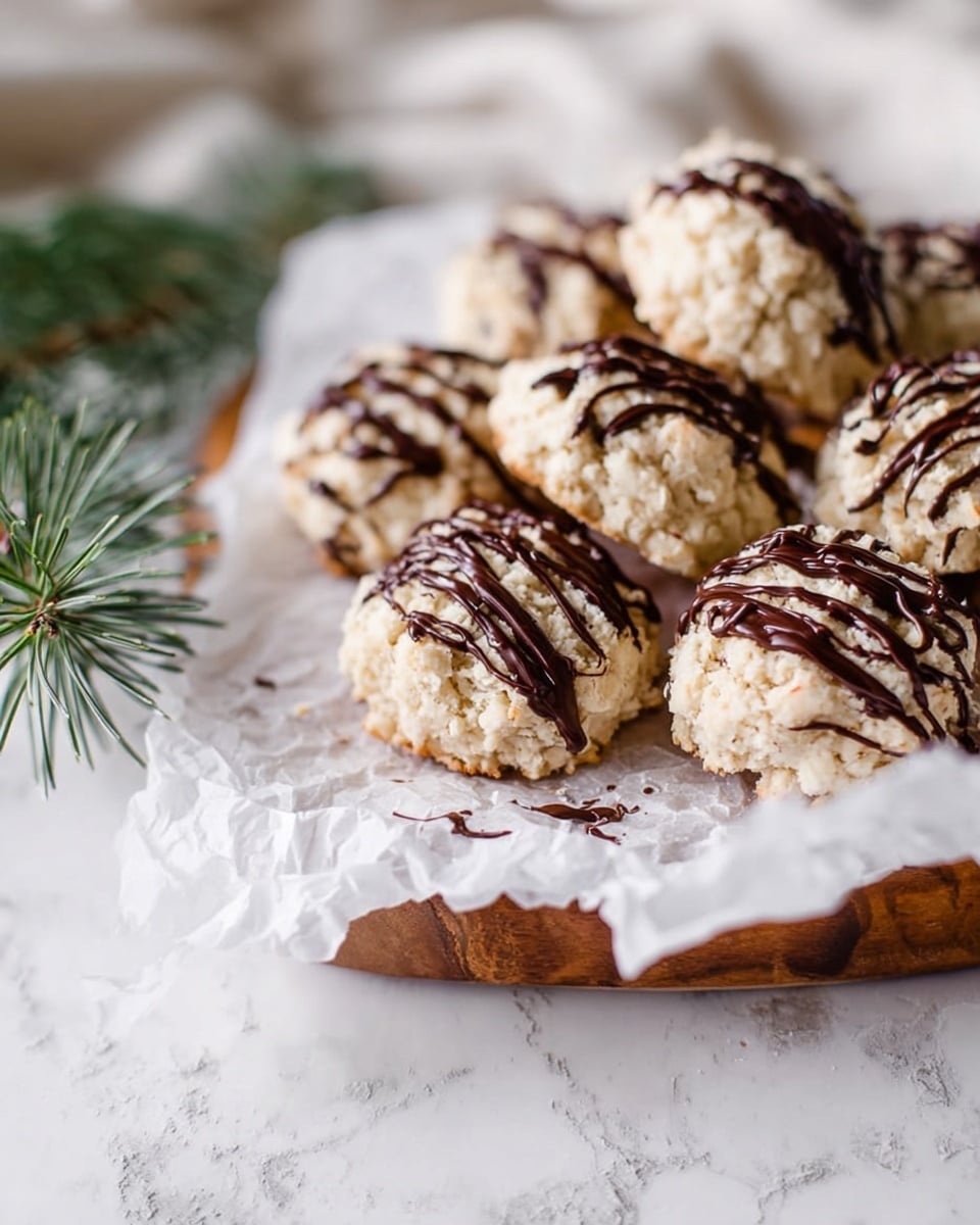 Seven round cookies with a rough texture and light brown color sit inside crinkled brown paper liners, each cookie drizzled with thin lines of dark chocolate on top. The cookies and liners are spread on a white marbled surface, with a few green pine branches placed nearby. In the top right corner, a white cloth holds more cookies, adding depth to the scene. A soft purple cloth is partially visible near the bottom right edge. The overall look is light and rustic with natural elements. Photo taken with an iphone --ar 4:5 --v 7