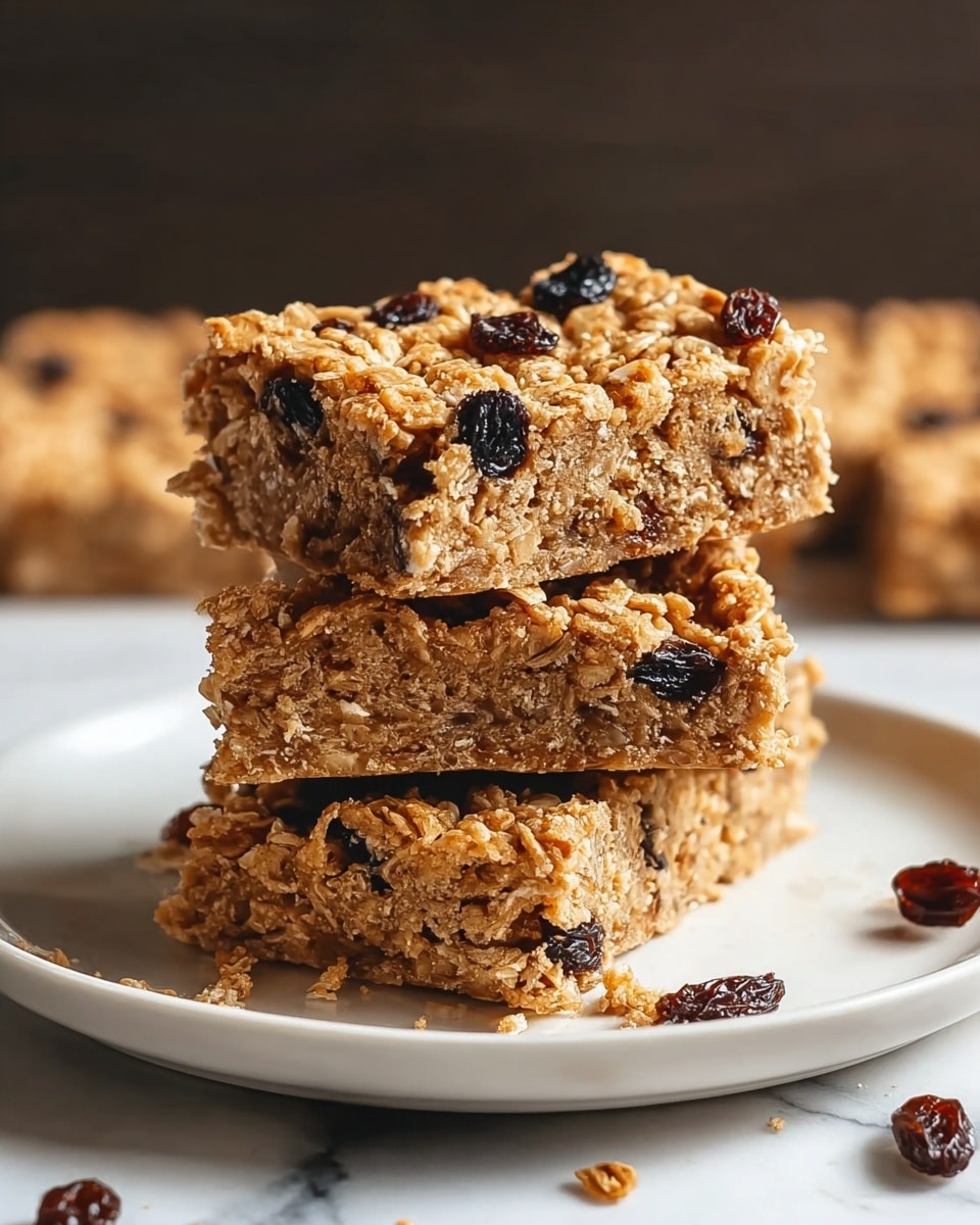Three square oat bars are stacked on a white plate, each bar showing a crumbly, golden-brown texture mixed with whole oats and visible dark raisins both inside and on top. The top bar displays a rough, slightly uneven surface with raisins catching light, while the middle and bottom bars have a dense but soft look, with oats embedded in the crumbly mixture. A few stray raisins and crumbs lie on the white marbled surface near the plate, adding to the homemade feel. Photo taken with an iphone --ar 4:5 --v 7