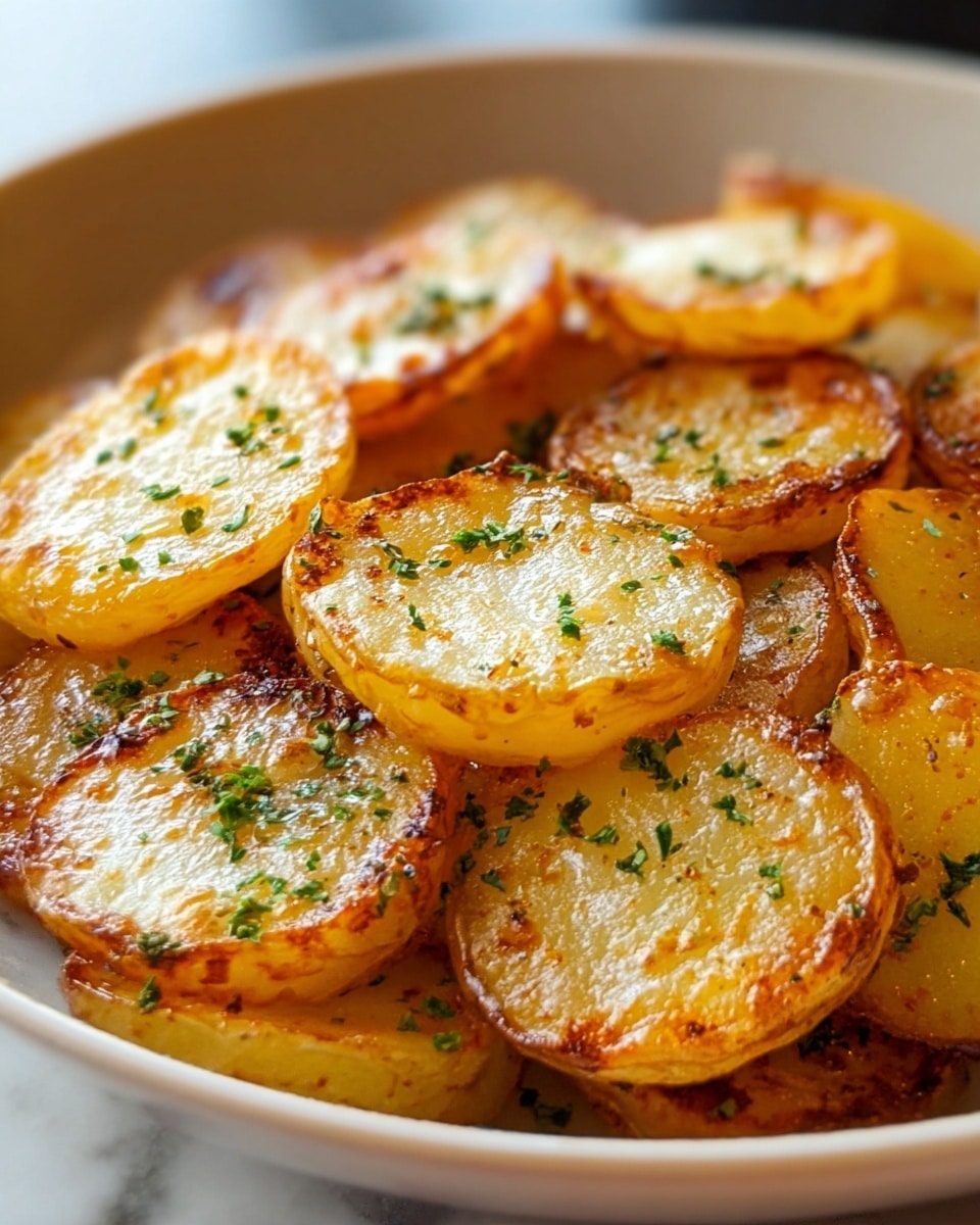A close-up image of many roasted potato slices arranged in a shallow white bowl, each slice showing a golden brown crispy edge and soft creamy center. The potato slices are cooked with a light coating of oil, sprinkled gently with chopped green herbs evenly scattered on top. The surface of the potatoes is slightly textured from the roasting, with a mix of warm yellow and light brown colors highlighting the caramelized parts, all set against a white marbled surface in the background. photo taken with an iphone --ar 4:5 --v 7