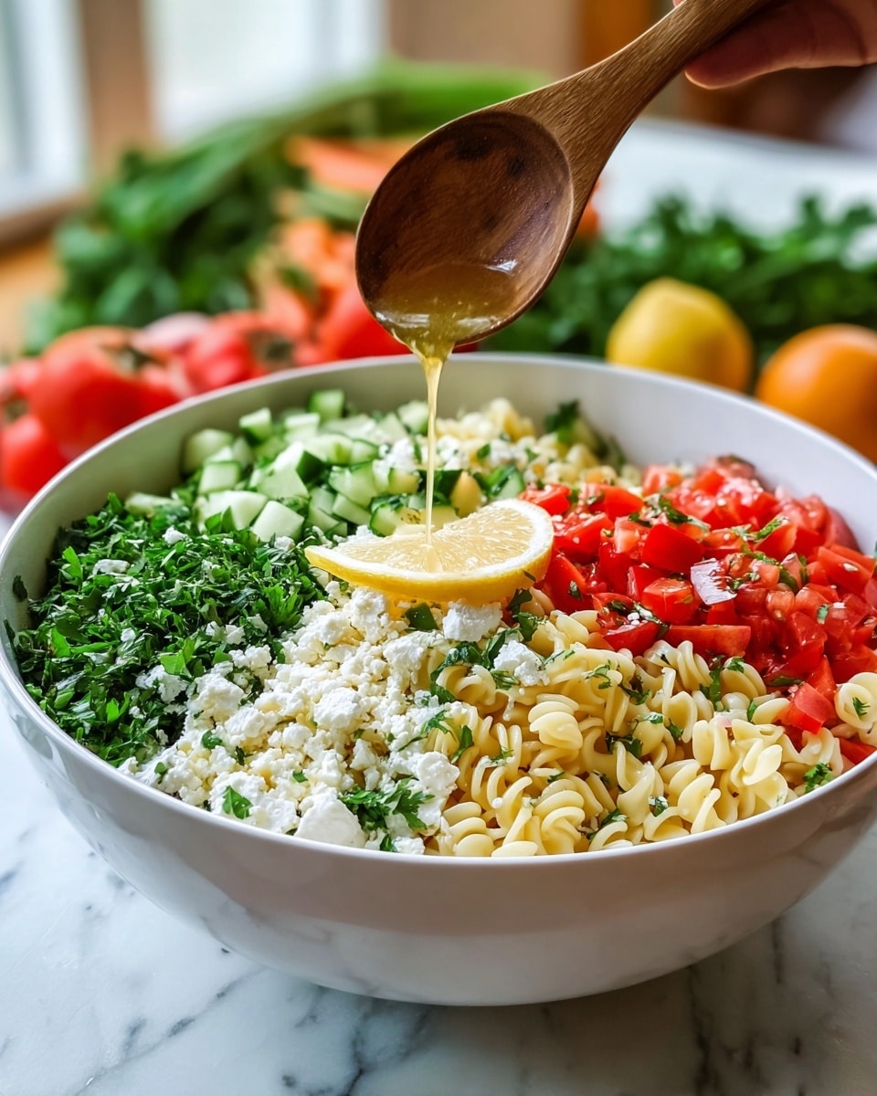 A large white bowl is filled with colorful salad layers arranged side by side. Starting from the left, there is a layer of finely chopped green parsley, next to it are bright red tomato chunks mixed with some green herbs, followed by a pile of creamy white crumbled cheese. To the right of the cheese is a layer of small diced cucumber pieces showing light and dark green skins. The last visible section inside the bowl contains curly, pale yellow cooked pasta with small red tomato pieces scattered on top. Above the bowl, a woman's hand is holding a wooden spoon that drips a light yellow dressing over the salad. A lemon slice is placed near the parsley, and the background shows blurred fresh vegetables on a white marbled surface. Photo taken with an iphone --ar 4:5 --v 7