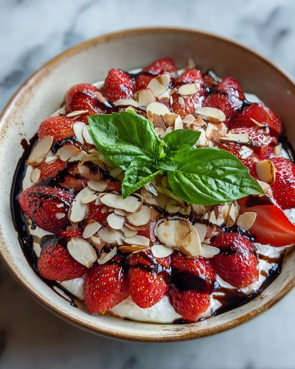 A dish in a white bowl shows several layers: the base layer is white creamy cheese, topped with bright red strawberry halves placed around and on top, next sprinkled with light brown sliced almonds and whole almonds, drizzled with a dark glossy balsamic glaze, and finished with fresh bright green basil leaves in the center. The bowl sits on a white marbled surface. photo taken with an iphone --ar 4:5 --v 7