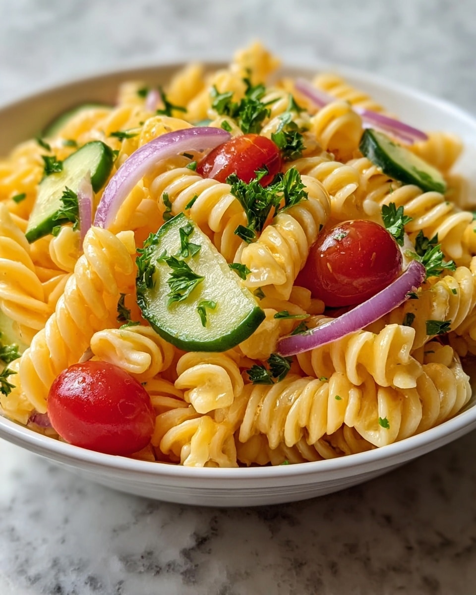 A white bowl is filled with three layers of thick, twisted rotini pasta cooked to a soft yellow color. Scattered throughout the pasta are bright green cucumber slices with a fresh, moist texture, small bright red cherry tomato halves showing juicy interiors, and thin slices of purple-red onion adding a slightly translucent touch. Fresh, dark green parsley leaves are sprinkled on top, adding a leafy contrast to the smooth pasta. The bowl sits on a white marbled surface with soft natural light enhancing the shiny, moist look of the salad. photo taken with an iphone --ar 4:5 --v 7