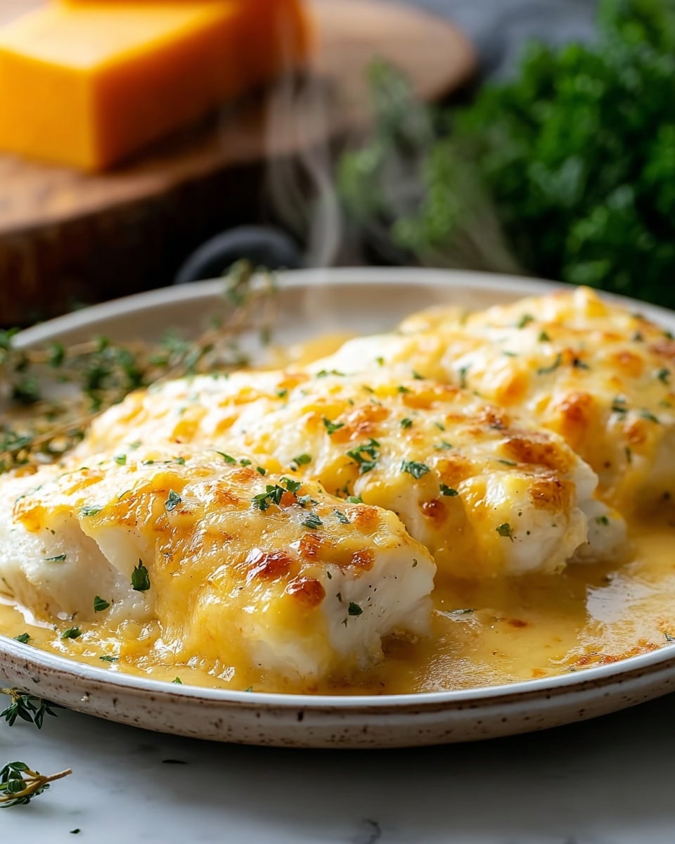 The image shows a dish with three pieces of cooked white fish fillets layered with melted cheese on top. The first layer is the white fish fillets, soft and tender, covered completely by the second layer of creamy, golden-yellow melted cheese that is slightly browned in spots with small bubbly textures. Scattered on the cheese are small green herb bits adding color contrast. The fish is served on a round white plate, placed on a white marbled surface, with a background hinting at fresh green herbs and a block of orange cheese blurred out. Steam rises gently from the dish, indicating it is hot. Photo taken with an iphone --ar 4:5 --v 7