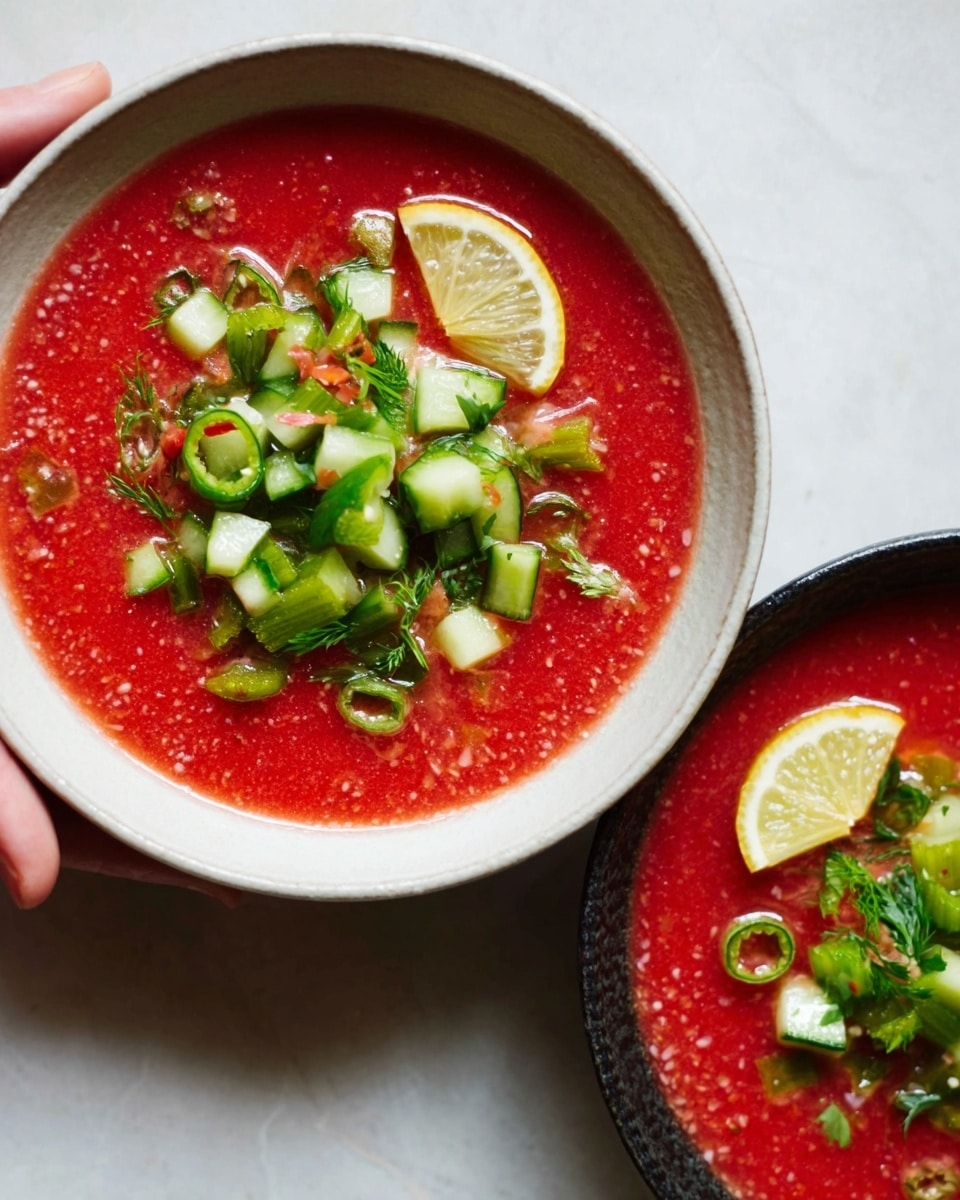 Two white bowls filled with a bright red soup that has a smooth texture. On top, there is a colorful layer of diced green cucumber, chopped herbs, and thin round slices of green okra. Each bowl also has a small wedge of lemon placed near the center of the toppings. The bowls rest on a white marbled surface, and a woman's hand is near the edge of one bowl, showing a gentle grip. The image looks fresh and vibrant. photo taken with an iphone --ar 4:5 --v 7